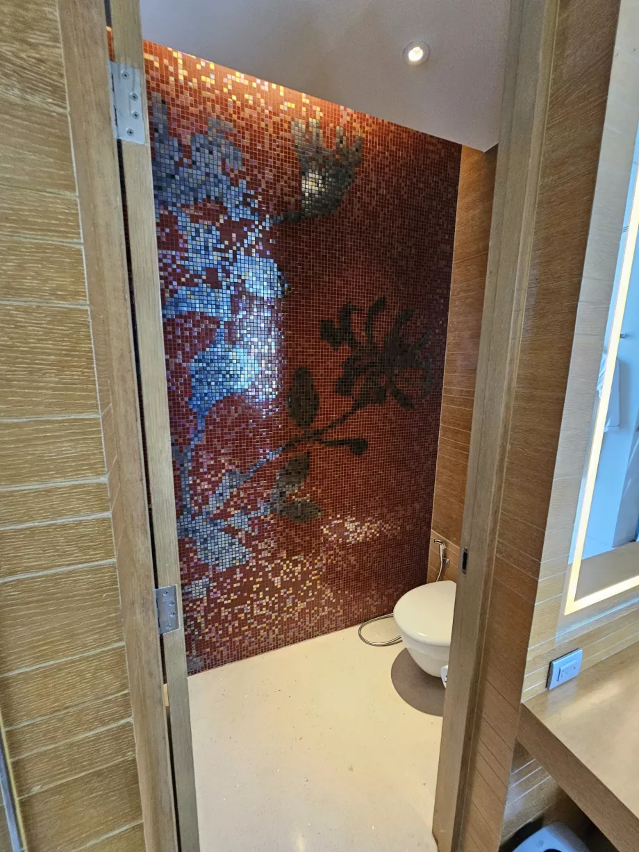 Toilet adskilt af en dør fra badeværelset