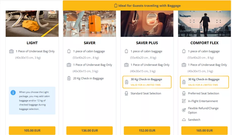 Pegasus Airlines' prisklasser