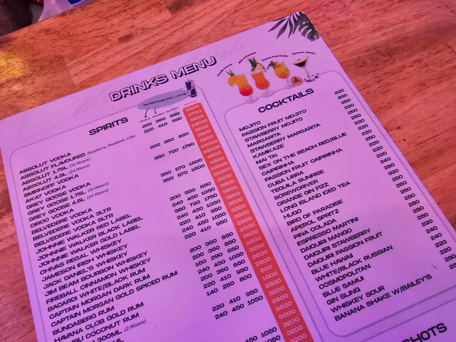 ARK beach club, priser på drikkevarer