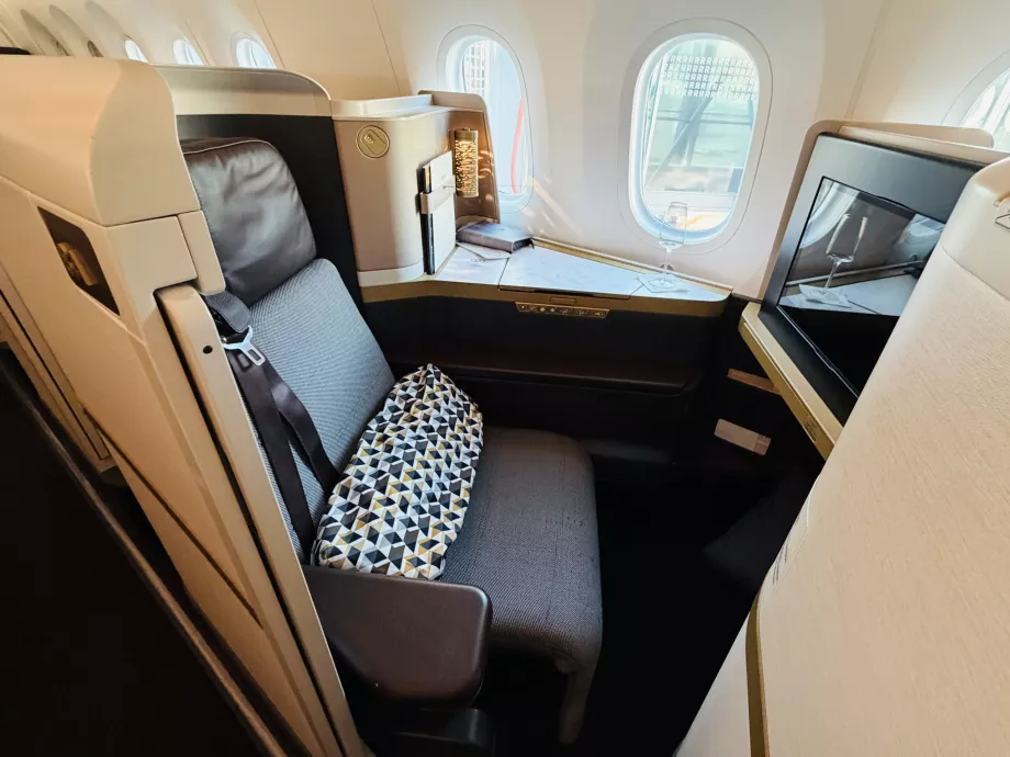 Detalje af Etihad B789 business class-sæde med dør