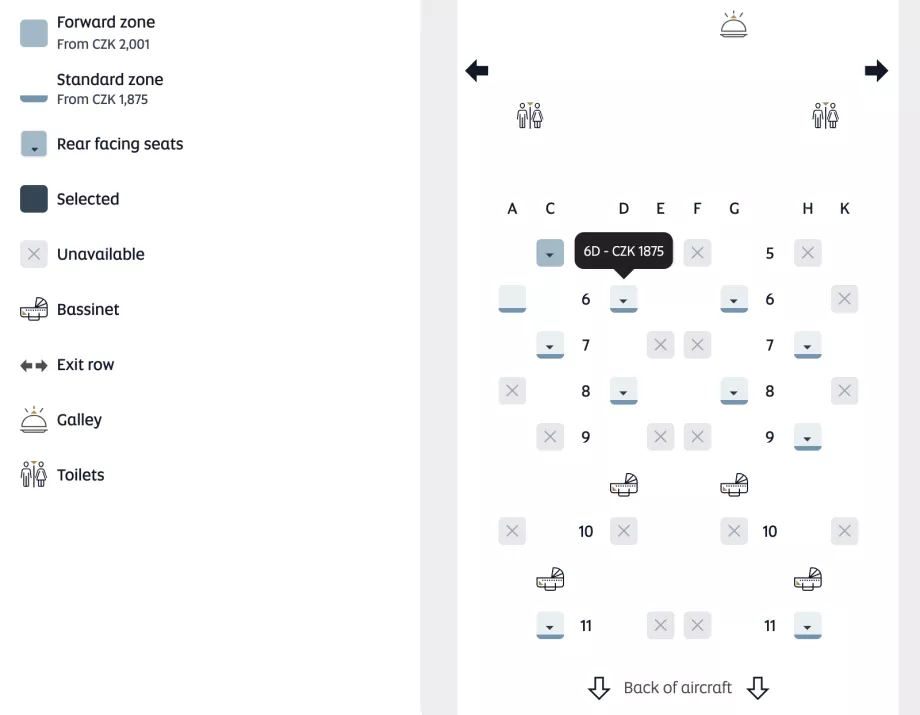 Sædekort og pris for valg af sæde