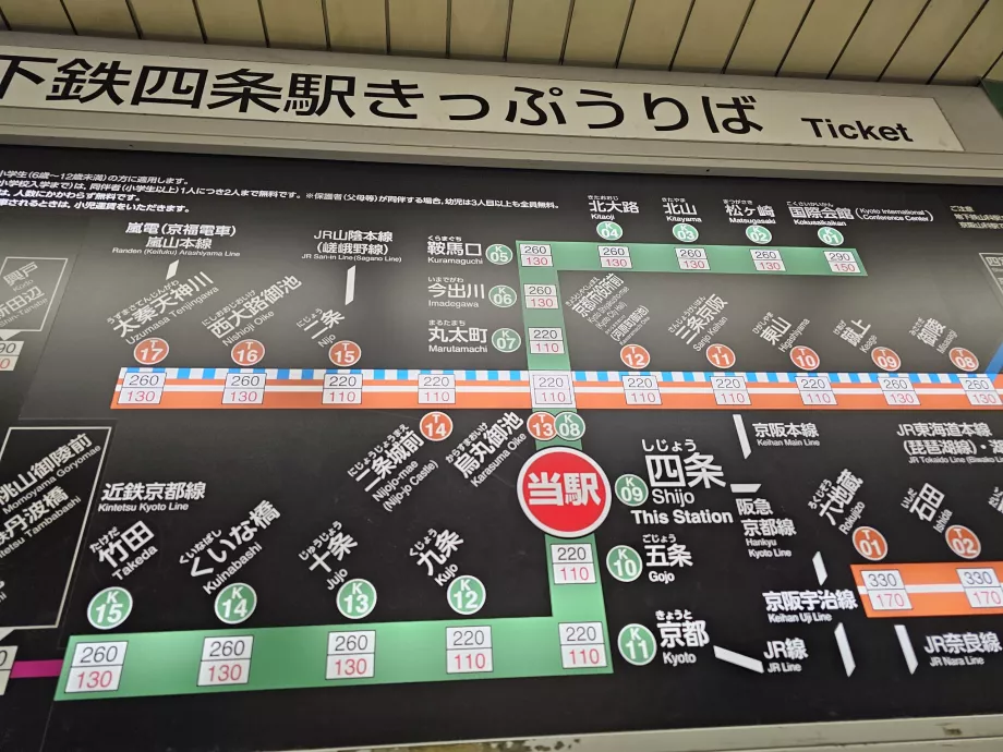 Kort over priser på metroen i Kyoto