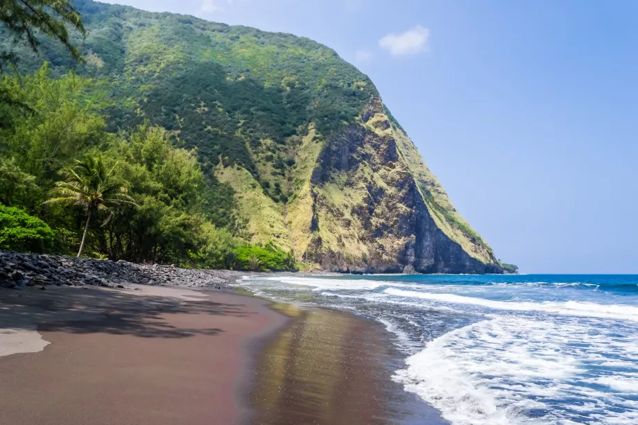 Sort sandstrand i Waipio