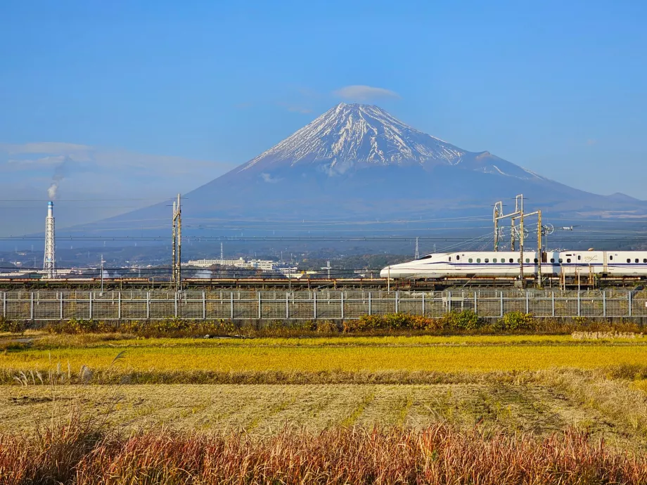 Shinkansen med Fuji-bjerget i baggrunden