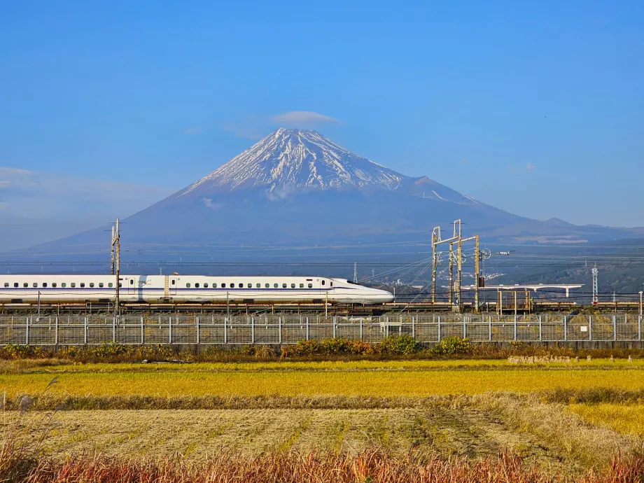 Shinkansen med Fuji-bjerget i baggrunden