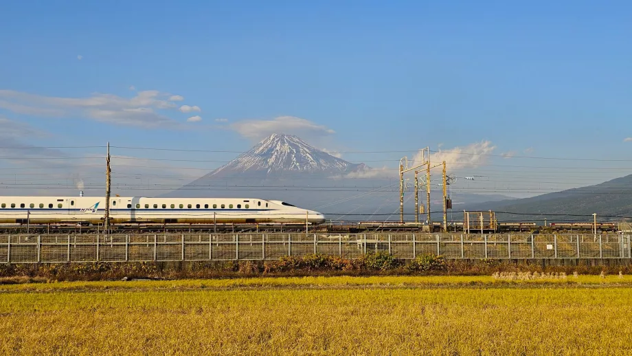 Shinkansen med Fuji-bjerget i baggrunden