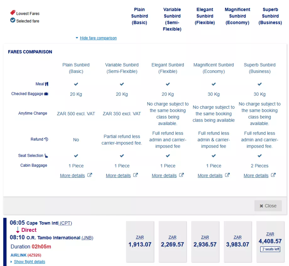Airlink-takstklasser