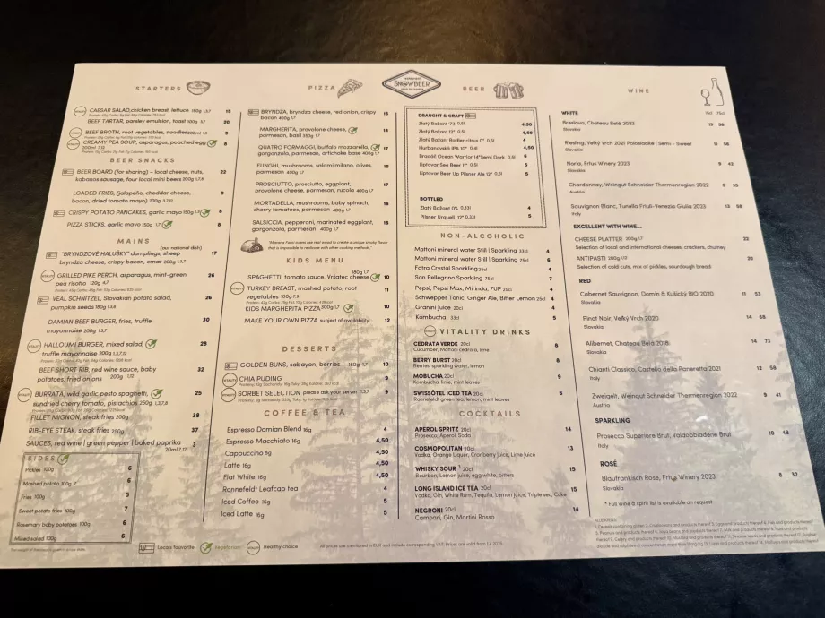 Snowbeer-menu med priser