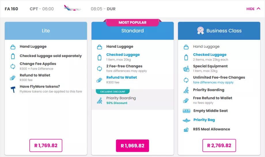 FlySafairs prisklasser