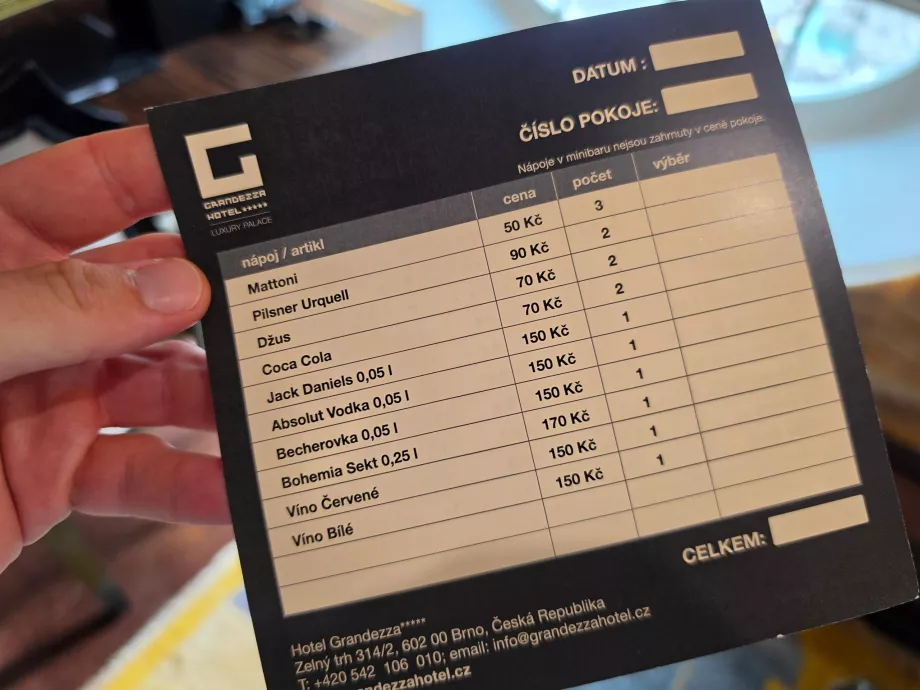 Prisliste for minibar (den samme for alle værelsestyper)
