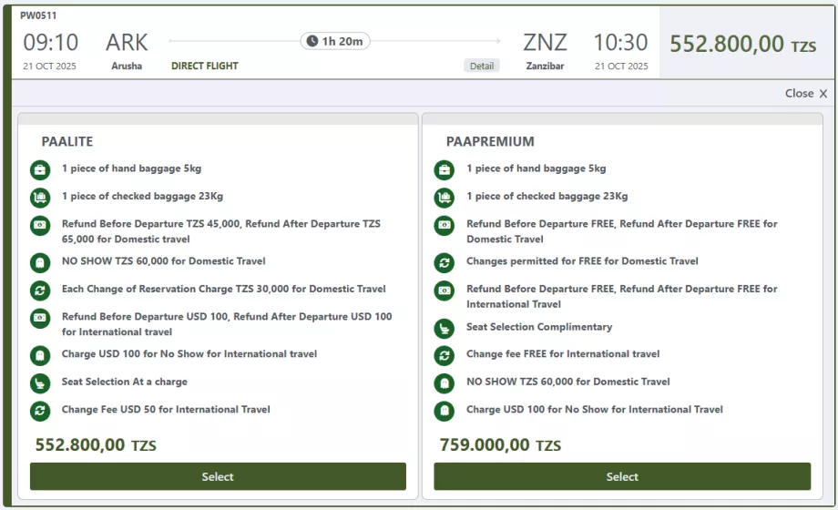 Tarifklasser for Precision Air