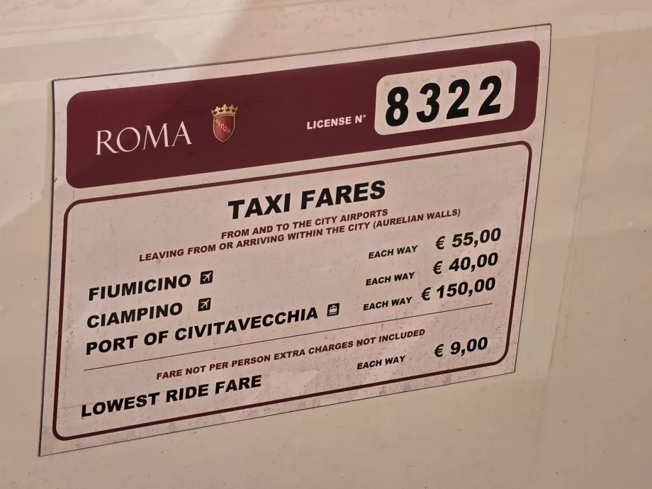 Officielle taxapriser i Rom