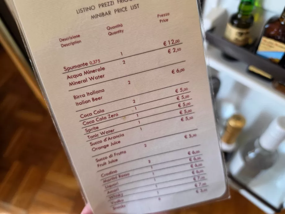 Prisliste for minibar
