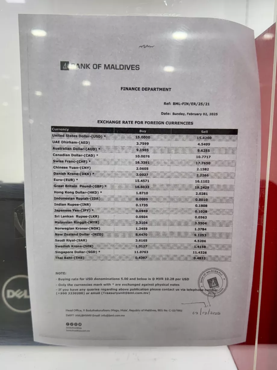 Valutakurs billet Bank of Maldives Malé MLE