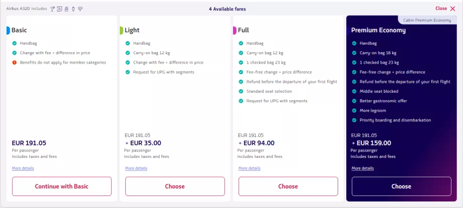 LATAM, sammenligning af takster